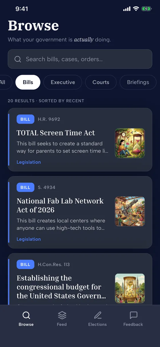 Billion's Browse tab, listing recent bills with plain-language titles