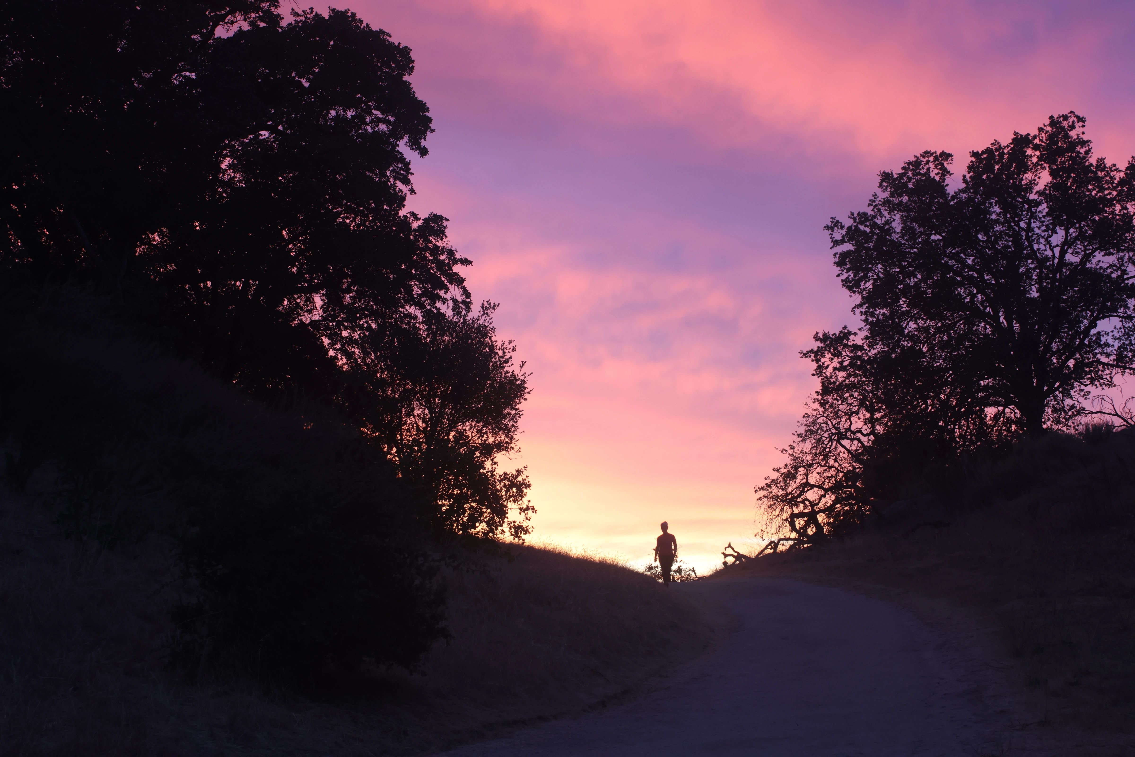 A lone figure walking along a dark hillside beneath a glowing pink and violet sunset