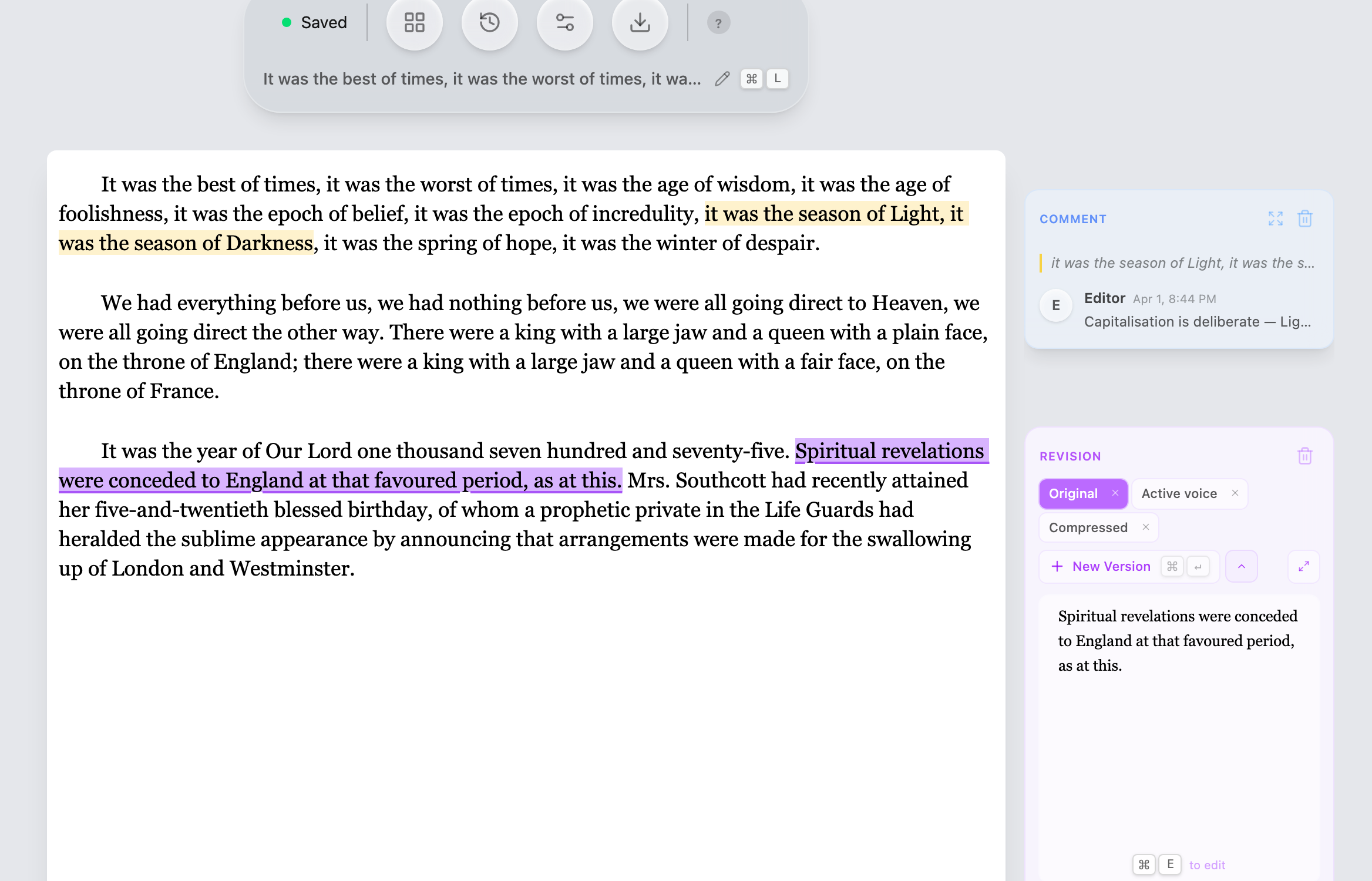 Quillium editor with alternative drafts and comments
