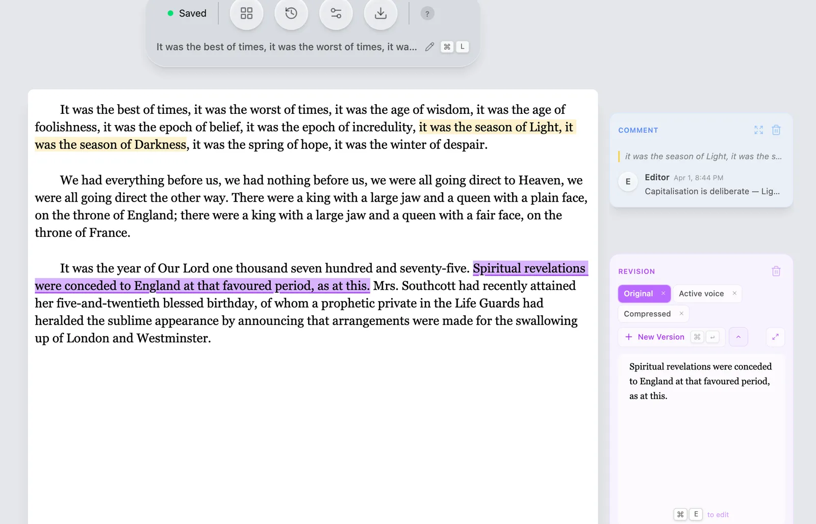 Quillium showing a passage with an active revision branch and an anchored comment