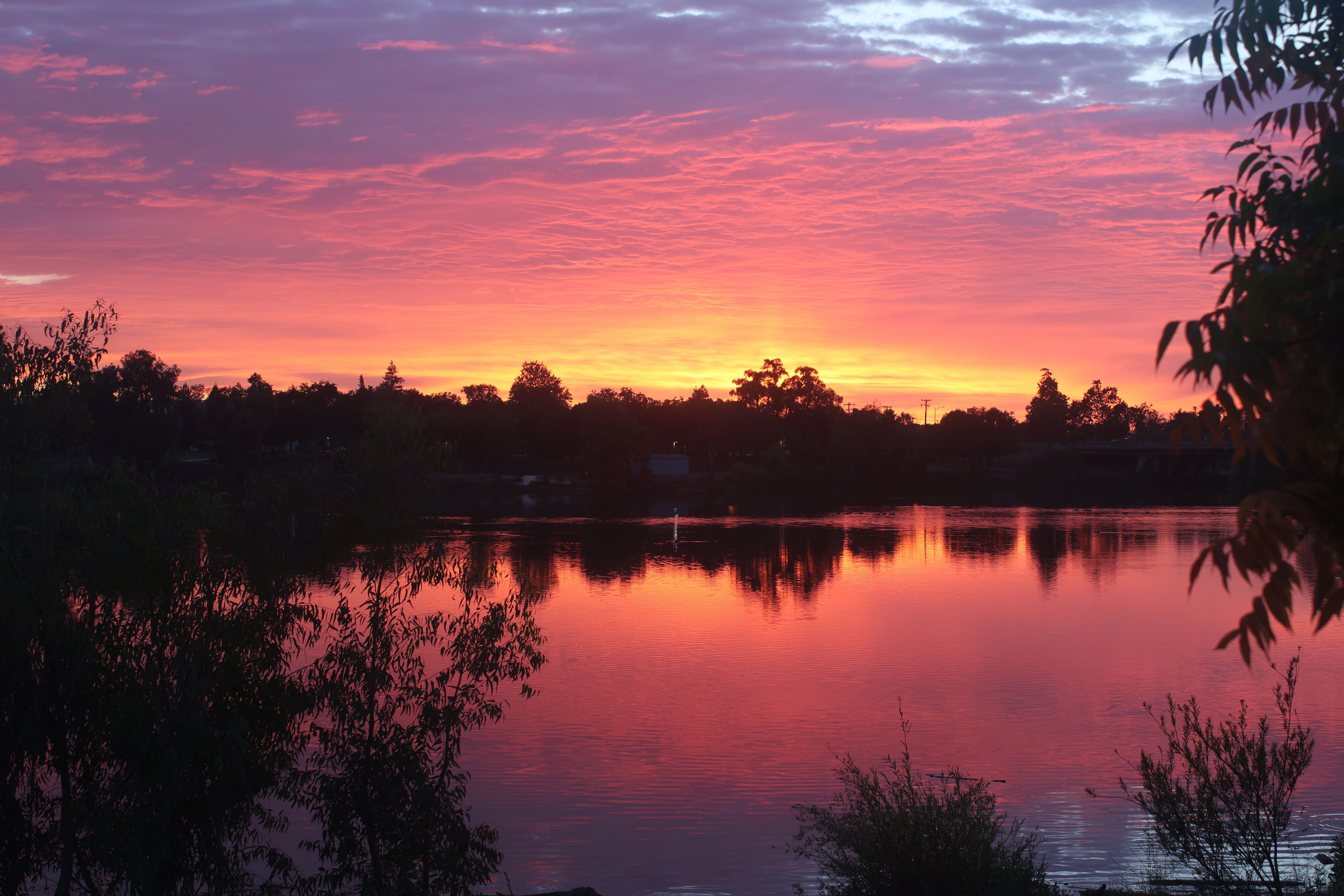 A vivid pink and orange sunset reflected across a lake, framed by silhouetted trees