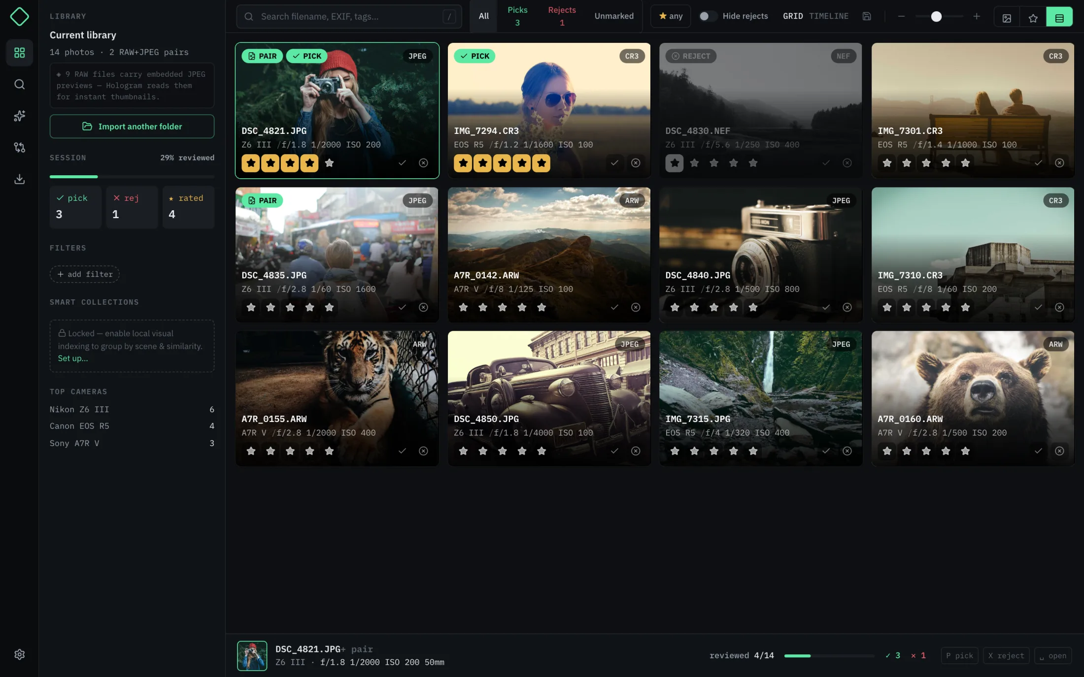 Hologram's dense photo library view with culling controls